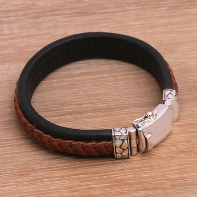 Men's leather and sterling silver wristband bracelet, 'Kuat in Brown' - Men's Sterling Silver and Leather Cord Bracelet from Bali