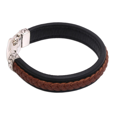 Men's leather and sterling silver wristband bracelet, 'Kuat in Brown' - Men's Sterling Silver and Leather Cord Bracelet from Bali
