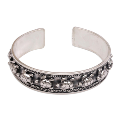 Sterling silver cuff bracelet, 'Marching Turtles' - Handmade in Bali 925 Sterling Silver Turtle Cuff Bracelet