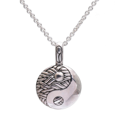 Sterling silver pendant necklace, 'Woven Duality' - Handmade 925 Sterling Silver Yin Yang Pendant Necklace