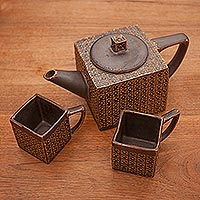 Ceramic Square Textured Brown Tea Set from Java (Set for 2),'Kawung Wedang Gray'
