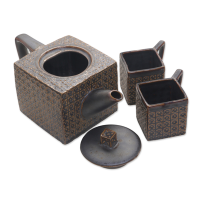 Ceramic tea set, 'Kawung Wedang Brown' (set for 2) - Ceramic Square Textured Brown Tea Set from Java (Set for 2)