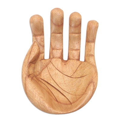 Wood catchall sculpture, 'Lending a Hand' - Artisan Hand Carved Handmade Suar Wood Hand Sculpture