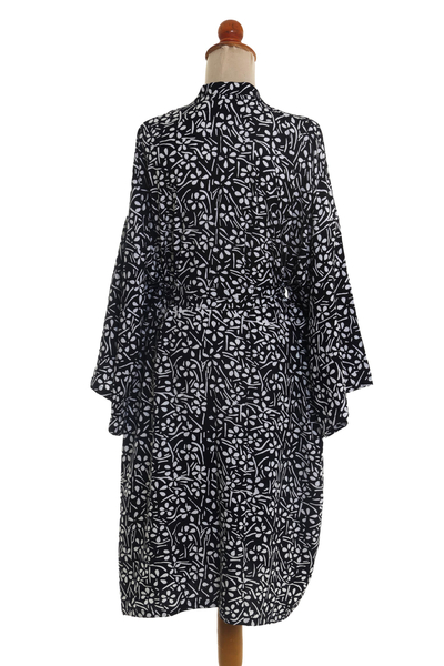 Rayon short robe, 'Midnight Meadow' - Silk Screen White Flowers on Black Rayon Short Robe