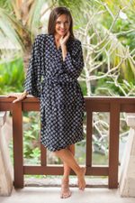 Rayon short robe, 'Sensational Swirls' - White Swirls on Black Rayon Short Robe