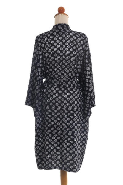 Rayon short robe, 'Sensational Swirls' - White Swirls on Black Rayon Short Robe