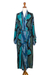 Rayon batik robe, 'Atmosphere' - Teal Black and Blue Rayon Batik Long Sleeved Lounge Robe thumbail