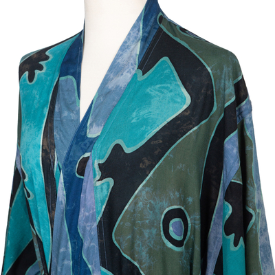 Rayon batik robe, 'Atmosphere' - Teal Black and Blue Rayon Batik Long Sleeved Lounge Robe