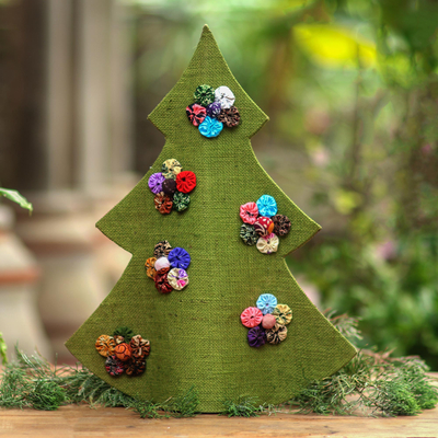 Jute decorative accent, 'Christmas in Batik in Green' - Handmade Green Batik Christmas Tree Decorative Sculpture