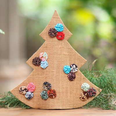 Jute decorative accent, 'Christmas in Batik in Brown' - Handmade Brown Batik Christmas Tree Decorative Sculpture