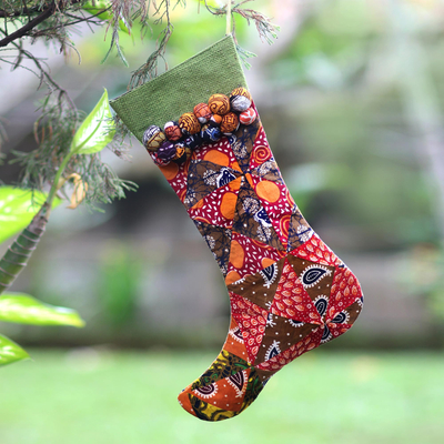 Cotton and jute Christmas stocking, 'Batik Stocking' - Handmade Batik Christmas Stocking in Cotton and Jute