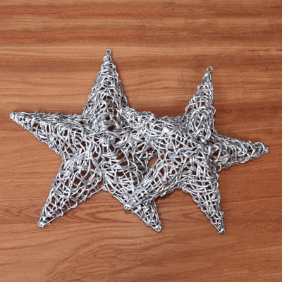 Recycled plastic wall art, 'Woven Stars' (pair) - Handmade Eco-Friendly Plastic Star Wall Art (Pair)