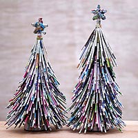 Recycled paper figurines, 'News Tree' (pair) - Handmade Recycled Paper Christmas Tree Figurines (Pair)