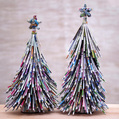 Figuritas de papel reciclado, (par) - Figuritas de árbol de navidad de papel reciclado hechas a mano (par)