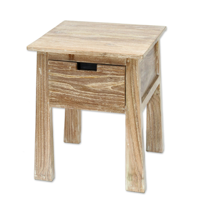 Teak wood accent table, 'Craftsman in White' - Handcrafted Teak Wood One Drawer Whitewashed Accent Table
