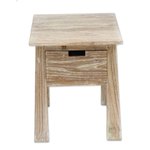 Teak wood accent table, 'Craftsman in White' - Handcrafted Teak Wood One Drawer Whitewashed Accent Table