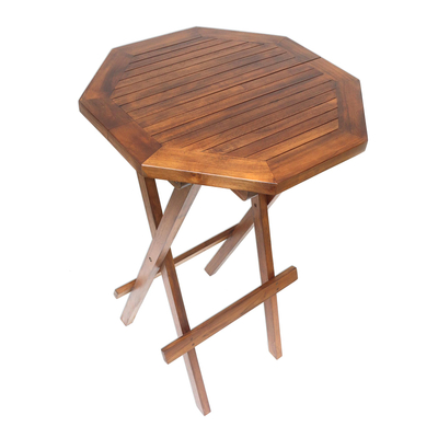 Teak wood folding accent table, 'Tropical Octagon' - Handmade Carved Teak Wood Folding Accent Table Made in Bali