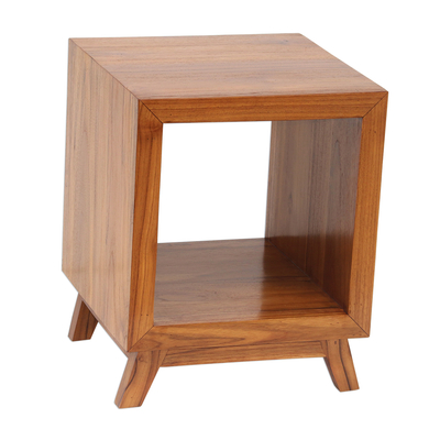 Teak wood nightstand, 'Kintamani Cube' - Minimalist Mid-Century Teak Wood Nightstand Crafted in Bali