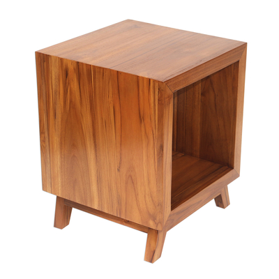 Teak wood nightstand, 'Kintamani Cube' - Minimalist Mid-Century Teak Wood Nightstand Crafted in Bali