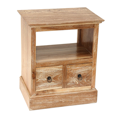 Teak wood nightstand, 'Tabanan Classic' - Handmade Carved Natural Teak Wood Nightstand With Drawers