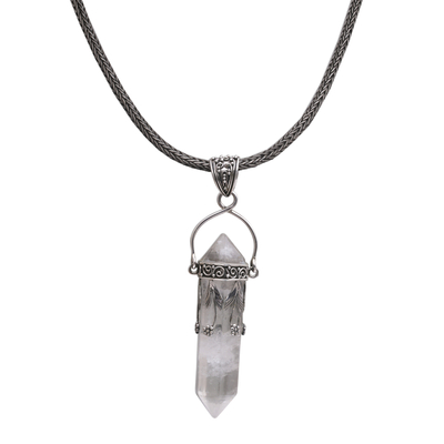 Quartz pendant necklace, 'Pale Jasmine' - Handmade 925 Sterling Silver Quartz Pendant Chain Necklace