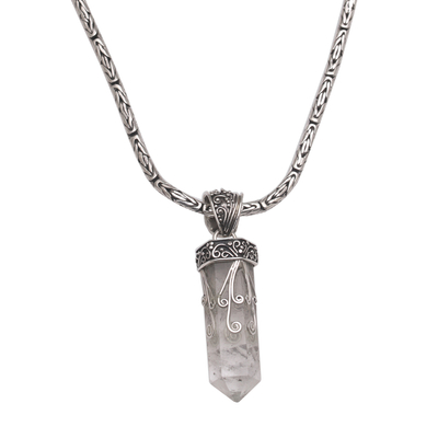 Quartz pendant necklace, 'Crystalline Fern' - Handmade 925 Sterling Silver Quartz Pendant Chain Necklace