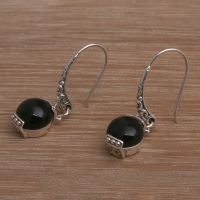 Onyx dangle earrings, 'Tilem Moon' - Handmade 925 Sterling Silver Onyx Dangle Earrings from Bali