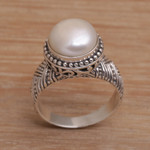 Cultured pearl cocktail ring, 'Moonlight Glyph' - Handmade 925 Sterling Silver Cultured Pearl Cocktail Ring