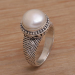Cultured pearl cocktail ring, 'Moonlight Glyph' - Handmade 925 Sterling Silver Cultured Pearl Cocktail Ring