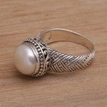 Cultured pearl cocktail ring, 'Moonlight Glyph' - Handmade 925 Sterling Silver Cultured Pearl Cocktail Ring