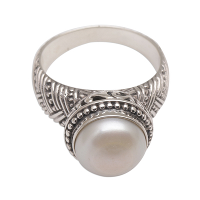 Cultured pearl cocktail ring, 'Moonlight Glyph' - Handmade 925 Sterling Silver Cultured Pearl Cocktail Ring