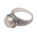 Cultured pearl cocktail ring, 'Moonlight Glyph' - Handmade 925 Sterling Silver Cultured Pearl Cocktail Ring