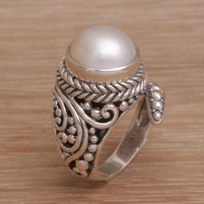 Cultured pearl cocktail ring, 'Coiled Asp' - Handmade 925 Sterling Silver Cultured Pearl Snake Ring