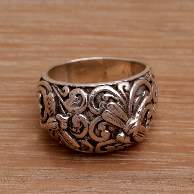 Sterling silver domed ring, 'Vine Palace' - Handmade 925 Sterling Silver Dragonfly Motif Cocktail Ring