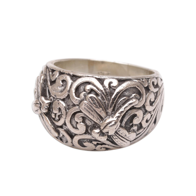 Sterling silver domed ring, 'Vine Palace' - Handmade 925 Sterling Silver Dragonfly Motif Cocktail Ring