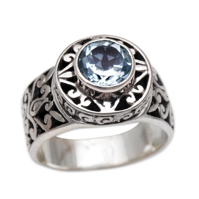 Blue topaz cocktail ring, 'Lotus in the Sky' - Handmade Blue Topaz 925 Sterling Silver Lotus Cocktail RIng