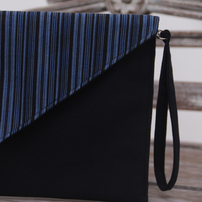 Muñequera de algodón - Clutch de pulsera de algodón azul y negro con bolsillo interior
