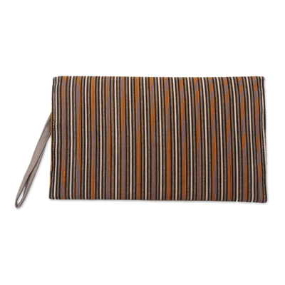 Baumwollarmband, „Lurik Amplop Khaki“ – Armband-Clutch aus khakifarbener und orangefarbener Baumwolle mit Innentasche