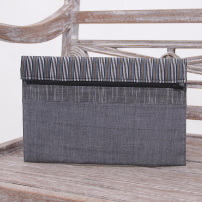 Cotton tablet sleeve, 'Lurik Simplicity Grey' - Grey and Black Cotton Tablet Sleeve with an Interior Pocket