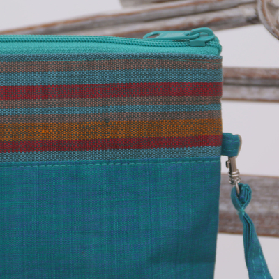 Pulsera de embrague de algodón, 'Lurik Parade Teal' - Pulsera de bolsillo interior de embrague de rayas de color verde azulado 100% algodón