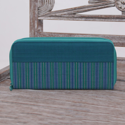 Cotton wallet, 'Humble Lurik Teal' - Hand Woven Teal Striped Cotton Wallet with Zipper Closure