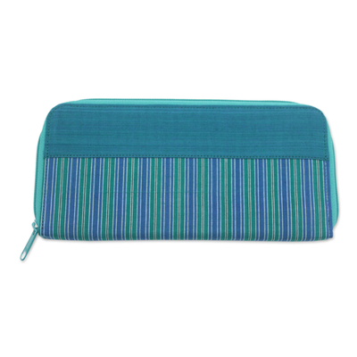 Hand Woven Teal Striped Cotton Wallet with Zipper Closure