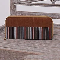 Cotton wallet, 'Humble Lurik Brown' - Hand Woven Brown Striped Cotton Wallet with Zipper Closure