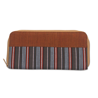 Hand Woven Brown Striped Cotton Wallet with Zipper Closure