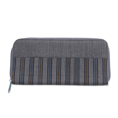 Hand Woven Grey Striped Cotton Wallet with Zipper Closure