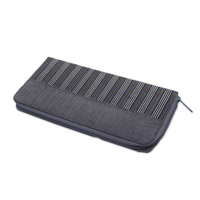 Cotton wallet, 'Humble Lurik Grey' - Hand Woven Grey Striped Cotton Wallet with Zipper Closure