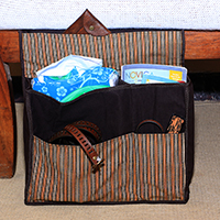 Cotton bedside organizer, 'Lurik Dreams Chocolate' - Handwoven Chocolate Striped Cotton Bedside Organizer Bag
