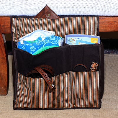 Cotton bedside organizer, 'Lurik Dreams Chocolate' - Handwoven Chocolate Striped Cotton Bedside Organizer Bag