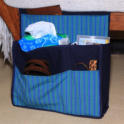 Cotton bedside organizer, 'Lurik Dreams Navy' - Hand Woven Navy Striped Cotton Organizer Bag with Pockets