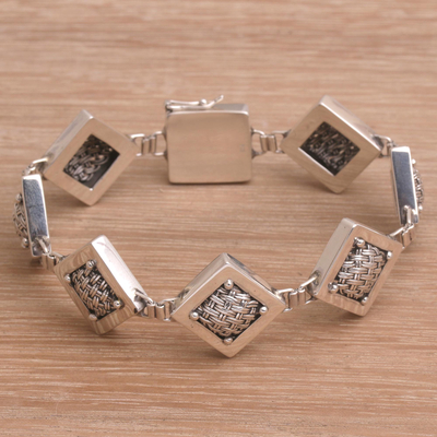 Sterling silver link bracelet, 'Weaving Ketupats' - 925 Sterling Silver Basket Weave Square Link Bracelet